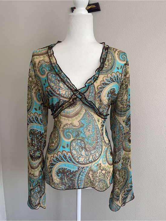 Apt. 9 Tops - Apt. 9 Teal and Brown Paisley Sheer Ruffle V-Neck Blouse